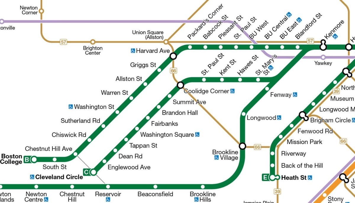 Mbta կանաչ գիծը քարտեզի վրա